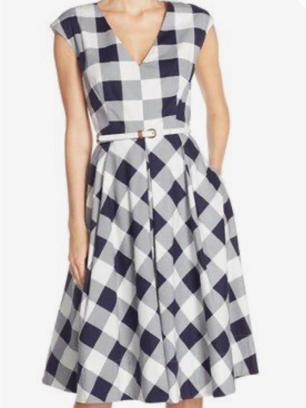 Eliza J Navy & White Check A-Line Midi Dress with Belt